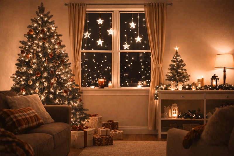 A living room lit up with synchronized Christmas lights that all turn on and off together using PSYNQ.