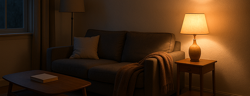 Dimly lit couch with only one lamp on next to it.