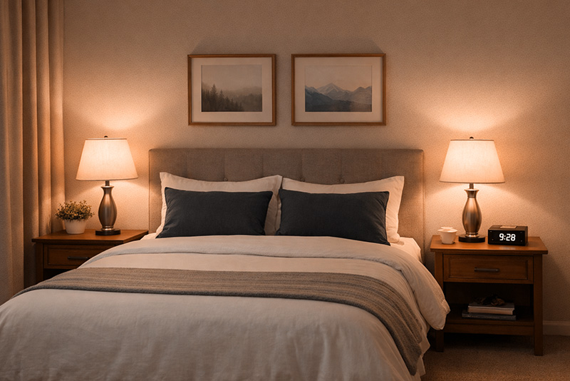 Bedside_Lamps Cozy bedroom with synchronized bedside lamp lighting.